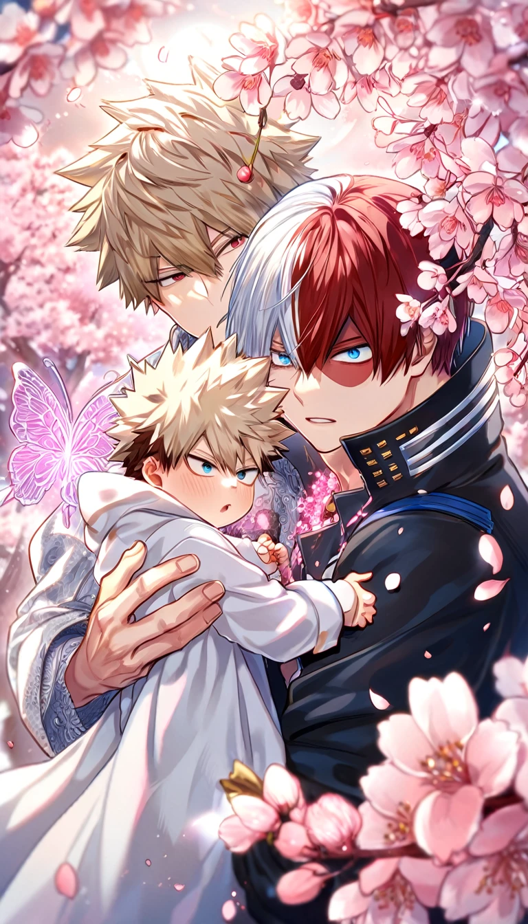 absurdres, highres, ultra detailed, HDR, master piece, best quality, extremely detailed, Todoroki Shouto, bicolored hair, right side of the hair white, left side of the hair red, expressive blue eyes, Boku No Hero Academia, Bakugo Katsuki, ash-blonde hair, expressive red eyes, two men carrying a baby, yaoi, gay couple, black coat, white coat, magical, sparkling, pink glittering fireflies, pink ice, pink ice butterflies, pink ice petals, pink ice cherry blossoms, pink crystal, pink flowers, pink moon