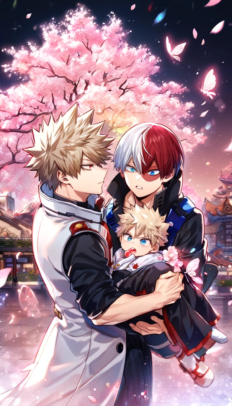 absurdres, highres, ultra detailed, HDR, master piece, best quality, extremely detailed, Todoroki Shouto, bicolored hair, right side of the hair white, left side of the hair red, expressive blue eyes, Boku No Hero Academia, Bakugo Katsuki, ash-blonde hair, expressive red eyes, two men carrying a baby, yaoi, gay couple, black coat, white coat, magical, sparkling, pink glittering fireflies, pink ice, pink ice butterflies, pink ice petals, pink ice cherry blossoms, pink crystal, pink flowers, pink moon