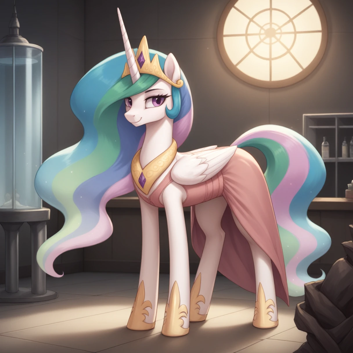 score_9, score_8_up, score_7_up, source_anime, solo, BREAK
princess celestia, feral pony, corrupted, pink lingerie, pink dress, standing, cruel smile, fallen to evil,
indoors, laboratory