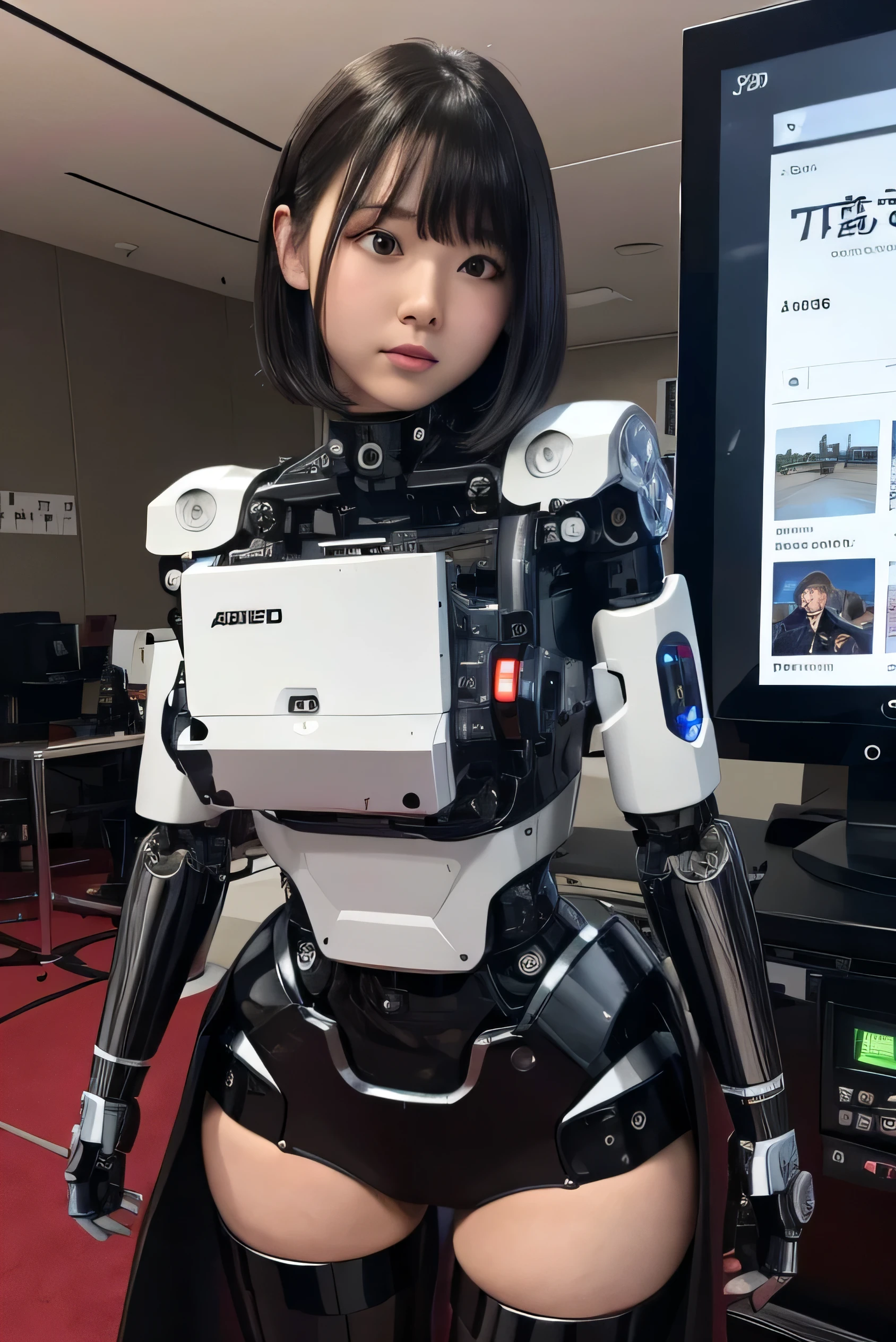 masterpiece, best quality, extremely detailed, Japaese android girl,portrait,Plump,a bit chubby,control panels,android,Droid,Mechanical Hand, Robot arms and legs, Black hair,Blunt bangs,perfect robot girl,long tube,thick cable connected her neck,android,robot,humanoid,cyborg,japanese cyborg girl ,robot-assembly plant,She is assembling now,assembly scene,camera eyes,chest monitor