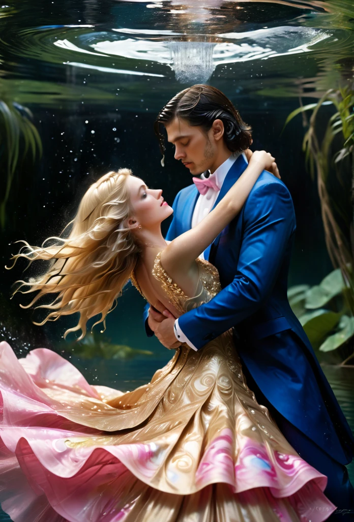 photography, high detail, realistic.Dress in gold tuxdeo. His dark hair. He holds her above the water. Her long blonde hair shimmers and swirls. Her Blue eyes open. She wears a pink mix blue, gold, white pisatin dress.