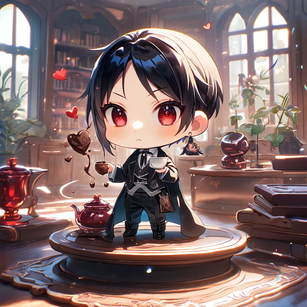 Ultra detailed, HDR, Highres, absurdres, master piece, Sebastian Michaelis, chibi, black hair, expressive red eyes, black clothes, black pants, Kuroshitsuji, fantasy, magical, holding a tea pot, room, chocolate, hearts, best quality, cute, Black Butler, black shoes