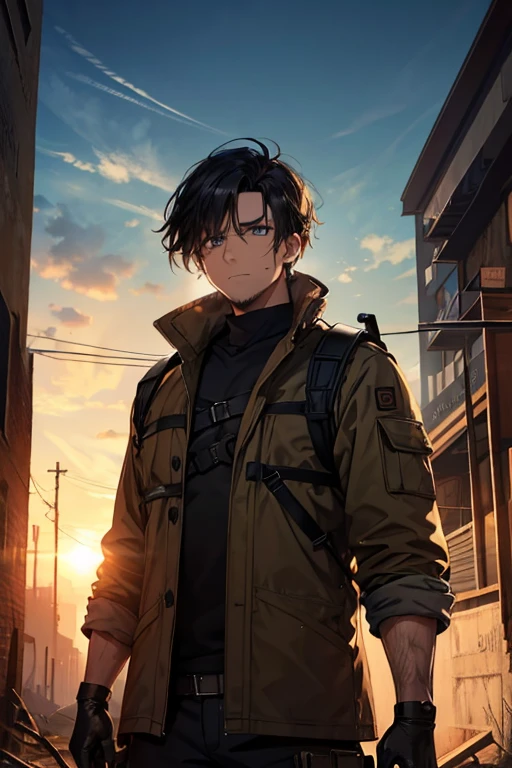 one  men, 24 years, survival clothing, Unripe , post apocalyptic, Bblack hair, Barba feels