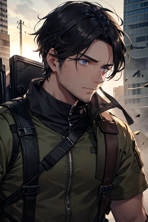 one men, 24 years, survival clothing, Unripe , post apocalyptic, Bblack hair, Barba feels