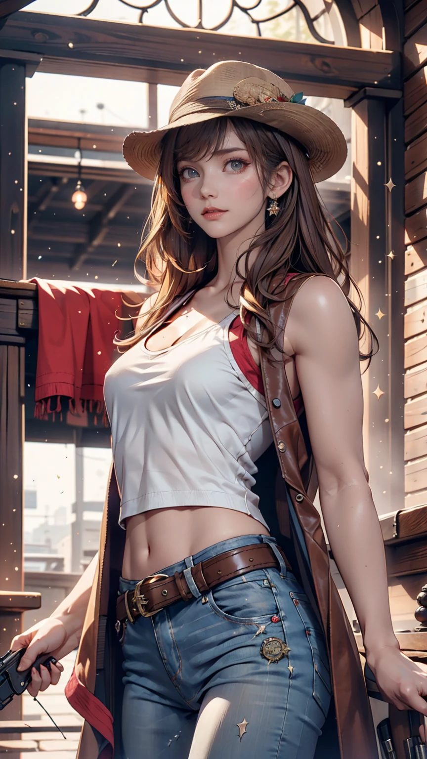 1 girl, masterpiece, macross delta splash art, Highest quality, White tank top, abdomen, short blue jeans, Small breasts, Cowboy hat, hip gun holster, Very sophisticated gun, Realistic guns, Colt Peacemaker in hand, Point the gun forward, Sheriff Badge, Bullets on the belt, Brown leather duster, Leather overcoat, Detailed eyes, Sparkling eyes, Beautiful Hands, Extremely elaborate hands, straight hands, Glowing Skin, Shiny Hair, blue eyes, Light blonde hair, expensive, Long Hair, Straight hair, whole body, United States Flag