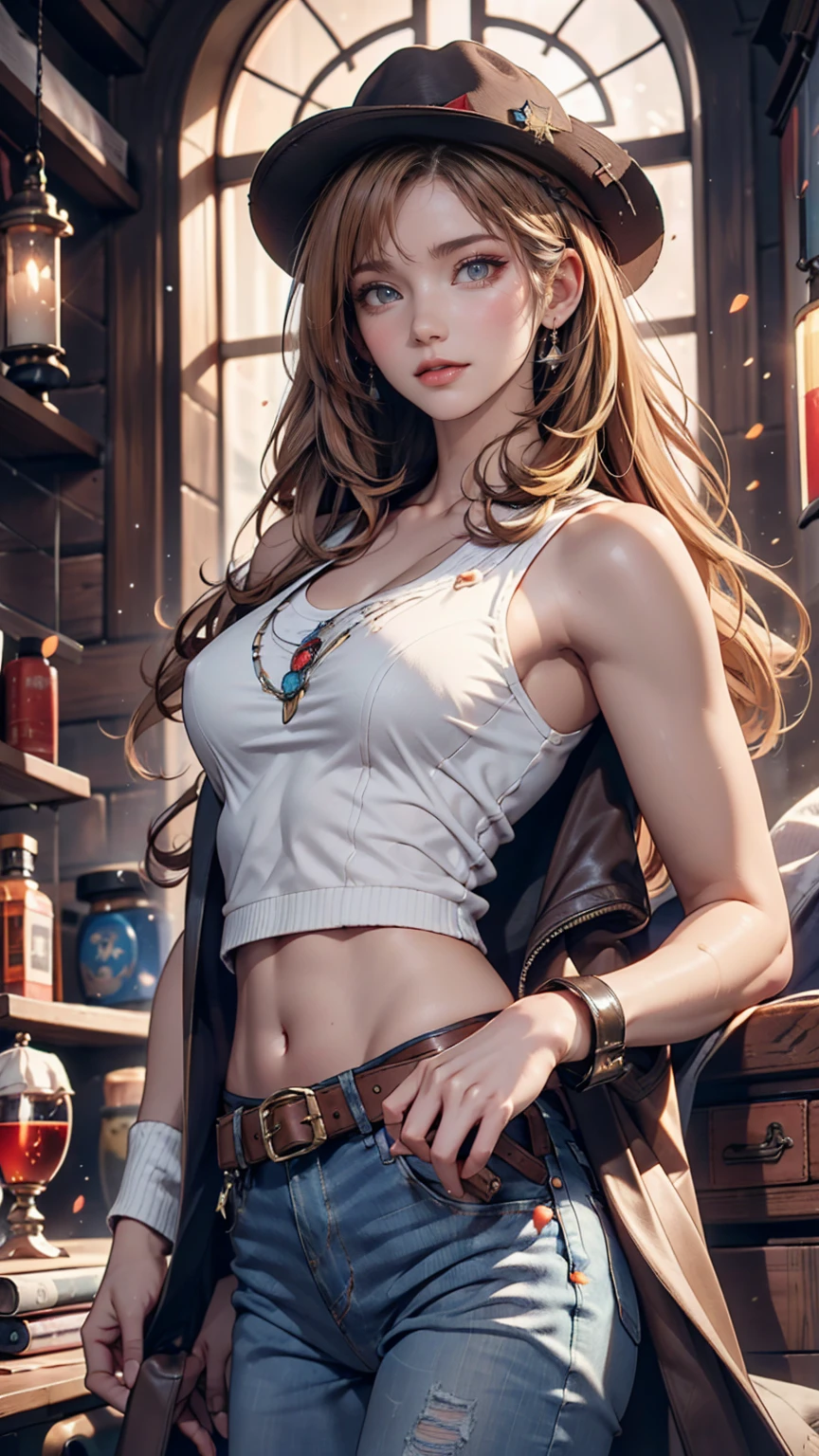 1 girl, masterpiece, macross delta splash art, Highest quality, White tank top, abdomen, short blue jeans, Small breasts, Cowboy hat, hip gun holster, Very sophisticated gun, Realistic guns, Colt Peacemaker in hand, Point the gun forward, Sheriff Badge, Bullets on the belt, Brown leather duster, Leather overcoat, Detailed eyes, Sparkling eyes, Beautiful Hands, Extremely elaborate hands, straight hands, Glowing Skin, Shiny Hair, blue eyes, Light blonde hair, expensive, Long Hair, Straight hair, whole body, United States Flag