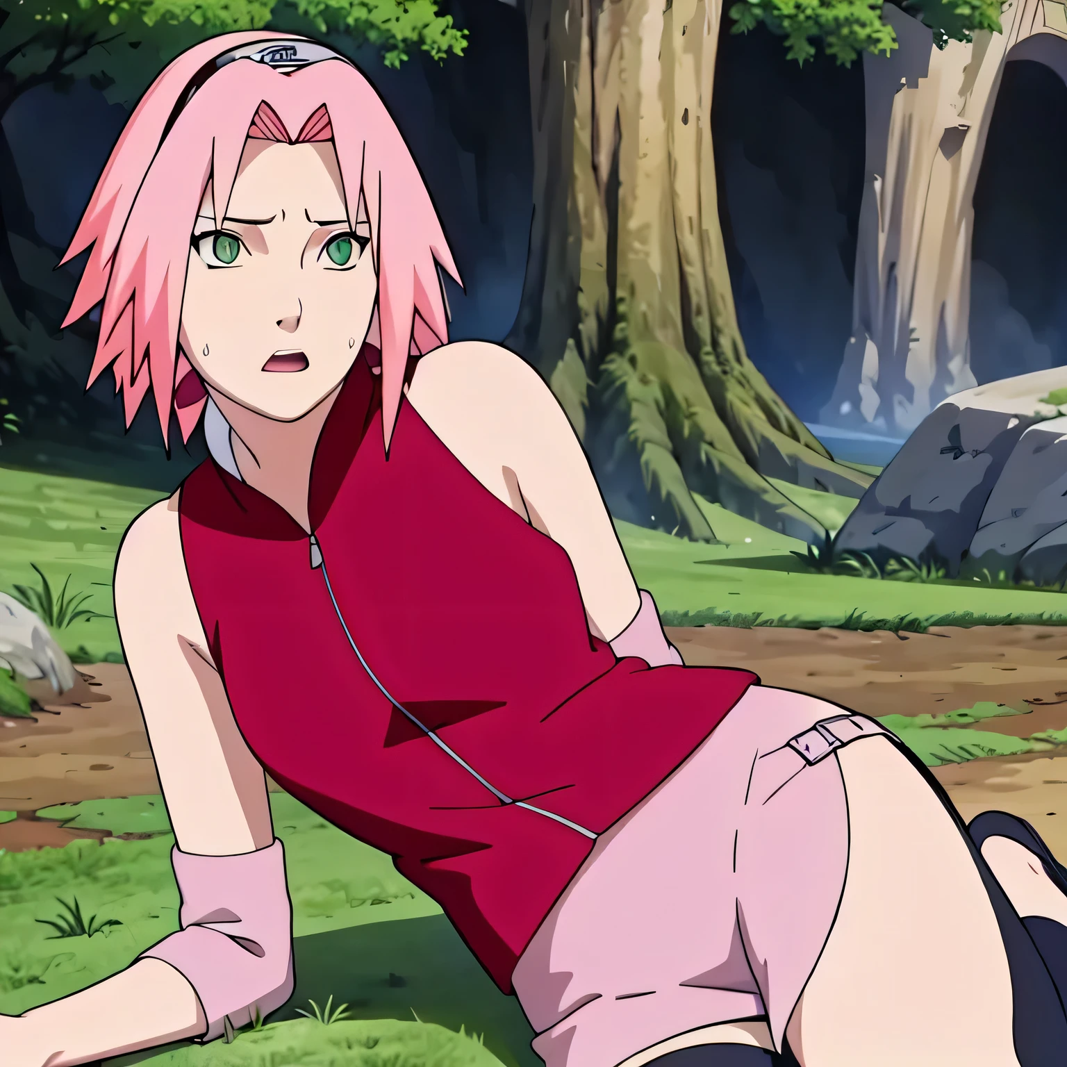 ((((Special style illustrations:1.0)))),best quality,Best Animation,Create masterpieces,Ray Tracing,1 girl,only, Knees up, Sakura Haruno , National Technology Development Agency., High quality green eyes), naked, naked, naked、1 girl, only, Pretty Face, eyelash, nose, Lip Gloss: 1.5), Delicate skin, shortcut, whole body, Professional lighting, slim, A woman, crack, Close your eyes., Lips, short hair, open mouth, photo_ (Moderate), sleep, Small size, only, (Create masterpieces), (photoreal: 1.3), National Bitcoin Exchange........., Fine details, (Extremely delicate skin: 1.2), (best quality: 1.0), (Ultra-high resolution: 1.0), lie, Armpit Hair, outdoor, In the woods, Supine., Slobber, Sexy , Bangs, Heavy sweating, Look at the suffering..., Expression of pain, information,Broken clothes