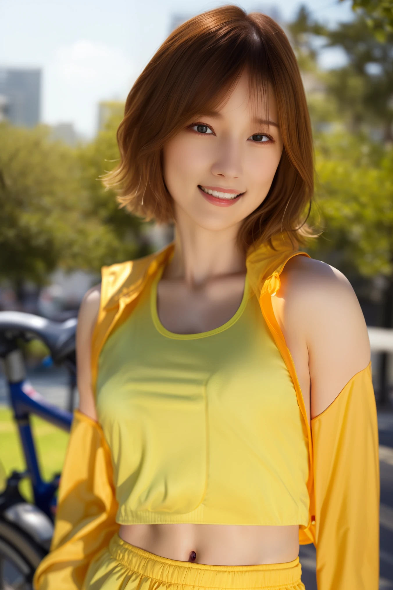1girl,(wearing yellow jacket, open jacket, sports bra, bike shorts, midriff:1.2),(RAW photo, best quality), (realistic, photo-realistic:1.4), masterpiece, an extremely delicate and beautiful, extremely detailed, 2k wallpaper, Amazing, finely detail, extremely detailed CG unity 8k wallpaper, ultra-detailed, highres, soft light, beautiful detailed girl, extremely detailed eyes and face, beautiful detailed nose, beautiful detailed eyes,cinematic lighting,at a park,city lights at night,perfect anatomy,slender body, close up,short hair,big breasts,smile