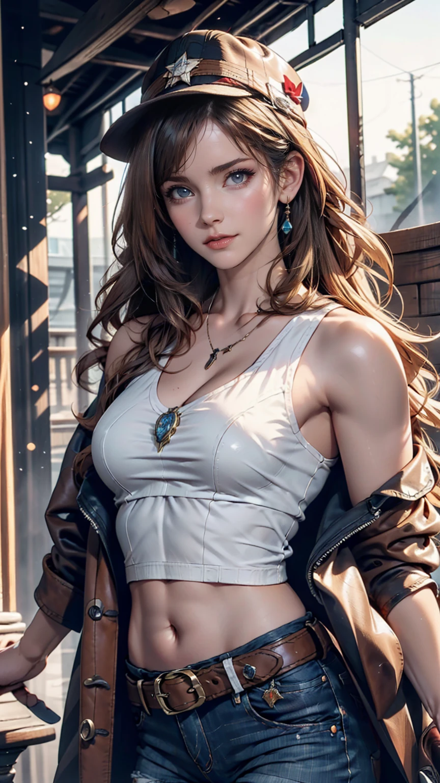 1 girl, masterpiece, macross delta splash art,  Highest quality, White tank top, abdomen, short blue jeans, Small breasts, Cowboy hat, hip gun holster, Very sophisticated gun, Realistic guns, Colt Peacemaker in hand, Point the gun forward, Sheriff Badge, Bullets on the belt, Brown leather duster, Leather overcoat, Detailed eyes, Sparkling eyes, Beautiful Hands, Extremely elaborate hands, straight hands, Glowing Skin, Shiny Hair, blue eyes, Light blonde hair, expensive, Long Hair, Straight hair, whole body, United States Flag