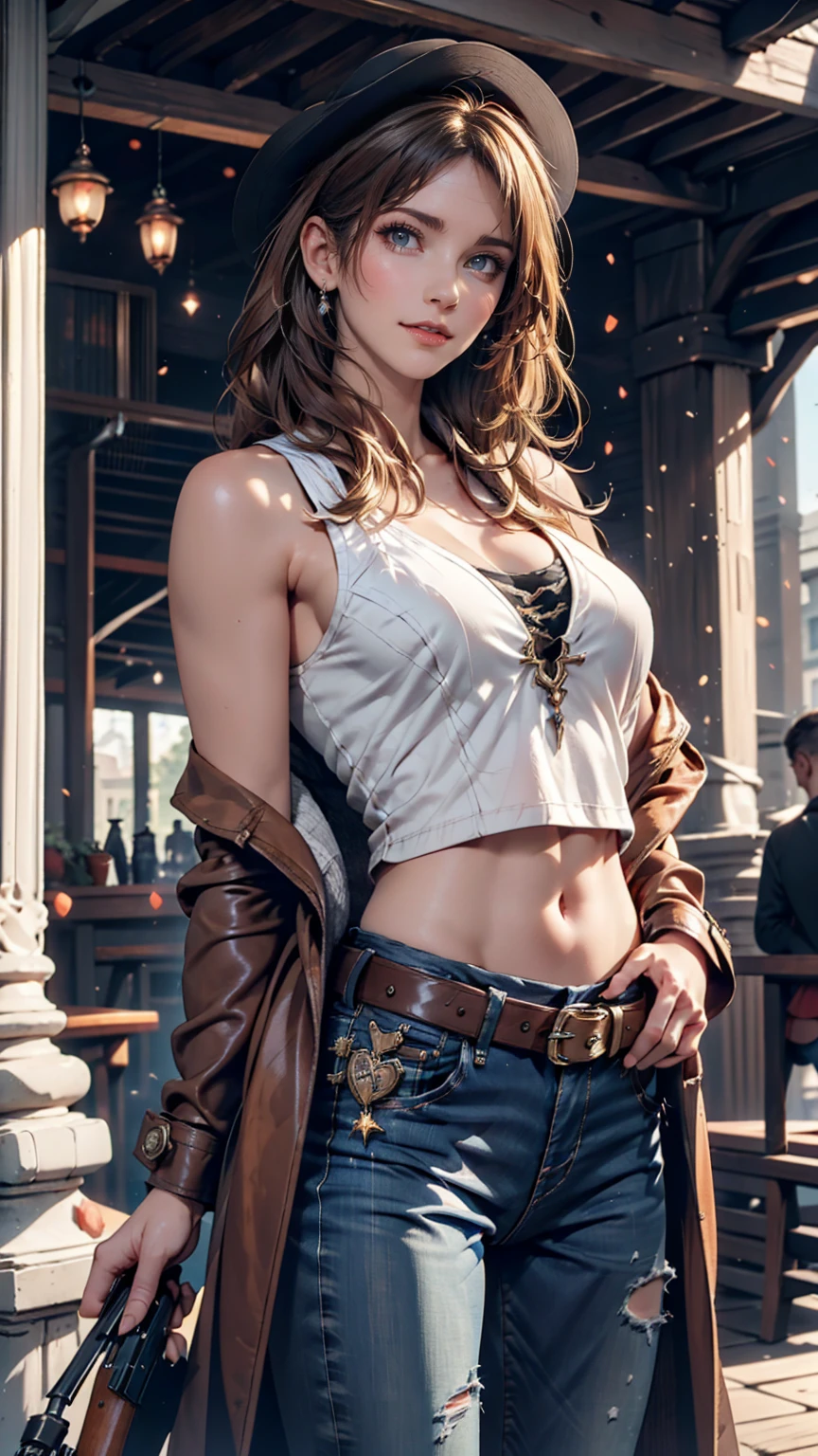 1 girl, masterpiece, macross delta splash art, Highest quality, White tank top, abdomen, short blue jeans, Small breasts, Cowboy hat, hip gun holster, Very sophisticated gun, Realistic guns, Colt Peacemaker in hand, Point the gun forward, Sheriff Badge, Bullets on the belt, Brown leather duster, Leather overcoat, Detailed eyes, Sparkling eyes, Beautiful Hands, Extremely elaborate hands, straight hands, Glowing Skin, Shiny Hair, blue eyes, Light blonde hair, expensive, Long Hair, Straight hair, whole body, United States Flag