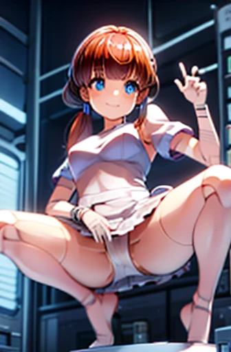 android, beautiful robot, short pigtails, brown hair, Hair tie with two big red clothespins, big smile, brown hair, middle age, joint seam, blue eyes, full body figure, Height: 160cm, Light beige micro mini dress, fluttering skirt, skirt folds, white retro swimwear, Uplifting, 2020s anime picture, ball joint, 21thcentury japan animation