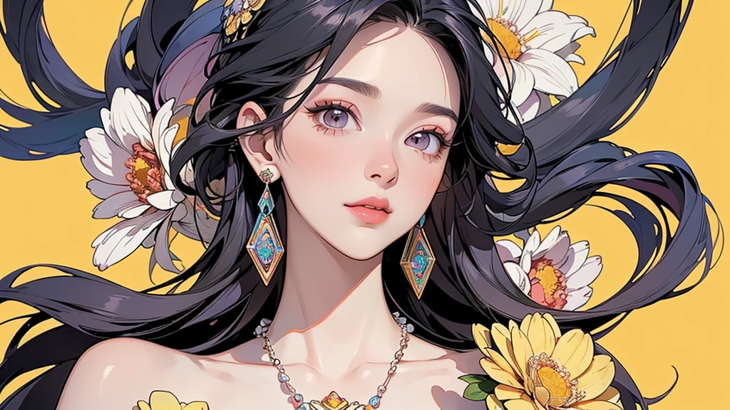 32K, 最高quality, 最高masterpiece, (ultra-Detailed Background, Detailed Background), Absurd, High resolution, Super detailed, Very detailedな, One girl, (bouquet:1.3), (Tangled:1.2), (Geometric:1.2),(colorful),(masterpiece, quality, best quality, Official Art, Beautiful and beautiful:1.2), (1 girl:1.3), Very detailed,(colorful:1.1)(Flowers:1.3),Most detailed,(Tangled:1.2), whole body, (Abstract background:1.3), (Skin glows), (Many colors:1.4), ,(Earrings Jewelry:1.5), Pale yellow background,