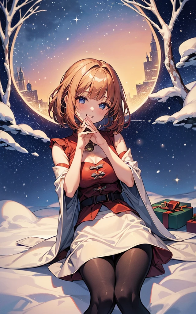 Top resolution、 Top image quality、 masterpiece、 8K、 (((One Woman)))、(((24 year old)))、 Cheerful smile、 Big open mouth、 (((chestnut-colored hair、5 head body、Raise your hands wide、 Soft breasts、sparkly eyes、Light in the eyes、bob cuts)))、(((slip on the snow)))、 (((Are sleeping)))、(((blue outfit、Long Skirt Santa)))、 Wearing a blue cloak、((Long tights))、 Winter Park、Flowing Starry Sky、Christmas、Falling snow