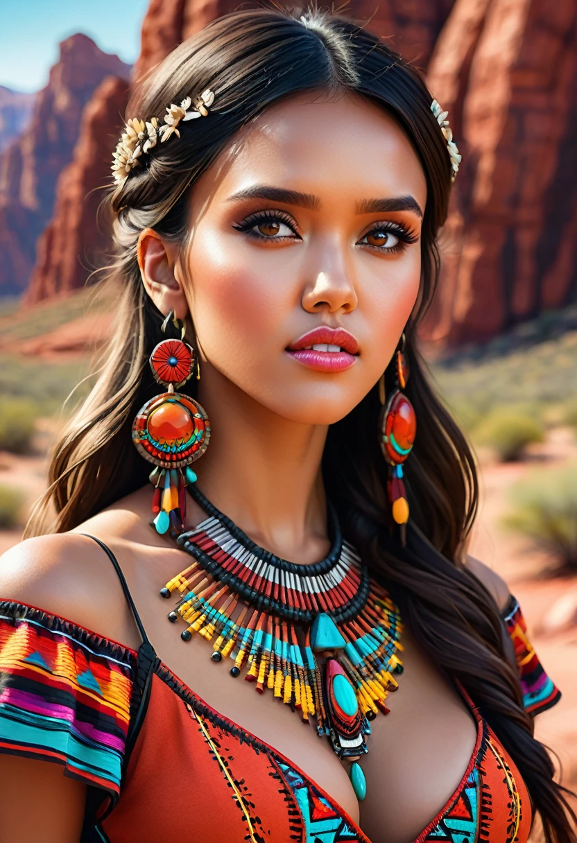 Beautiful boho women stunning merge of Jessica Alba. with colorful southwestern style dress. colorful southwestern earing and. jewelry dark-black colored hair that is coarse, wiry, and tightly curled. It often has a rough texture, feels stiff to the touch, and may be prone to frizz and tangling. The curls can be densely packed. The Official Art – An Award-Winning Digital Masterpiece In 4K Ultra HD, Extreme Detail And Intricate Realism. symmetrical face. This Concept Art Brought To Life By The Hands Of Artists Like Wlop & Artgerm In A Stunning 2D Vector Illustration. large, perky, full, vuluptious, symmetrical and spherical breasts. Background is a beautiful panoramic vista of a red rock canyon.
