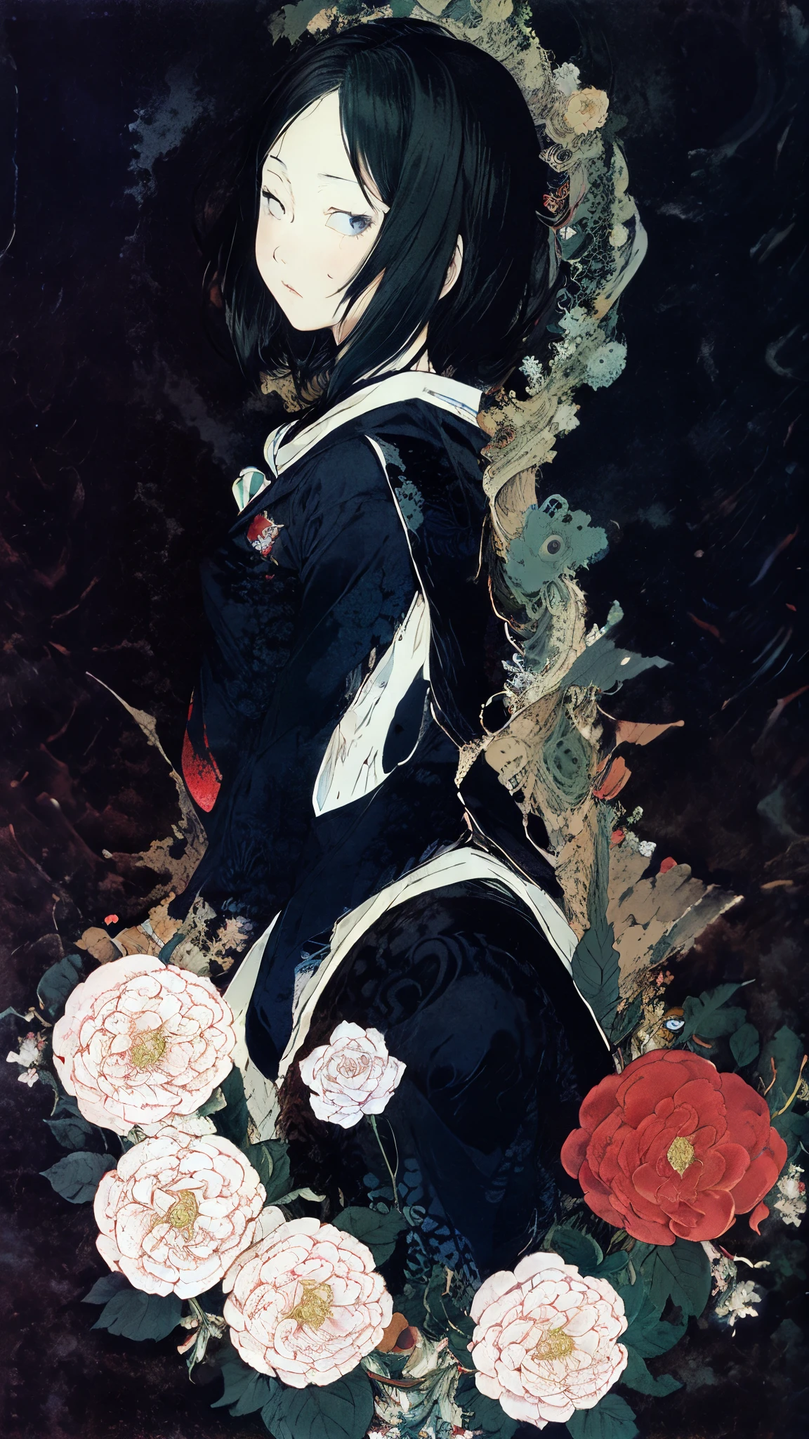 Highest quality、masterpiece、Ultra-high resolution、One Girl、Gazing at the audience、Uno、Takato Yamamoto style、 Simple Background、White background、Crow、camellia、Black Hair、Hime cut、Japanese、solo、Upper Body