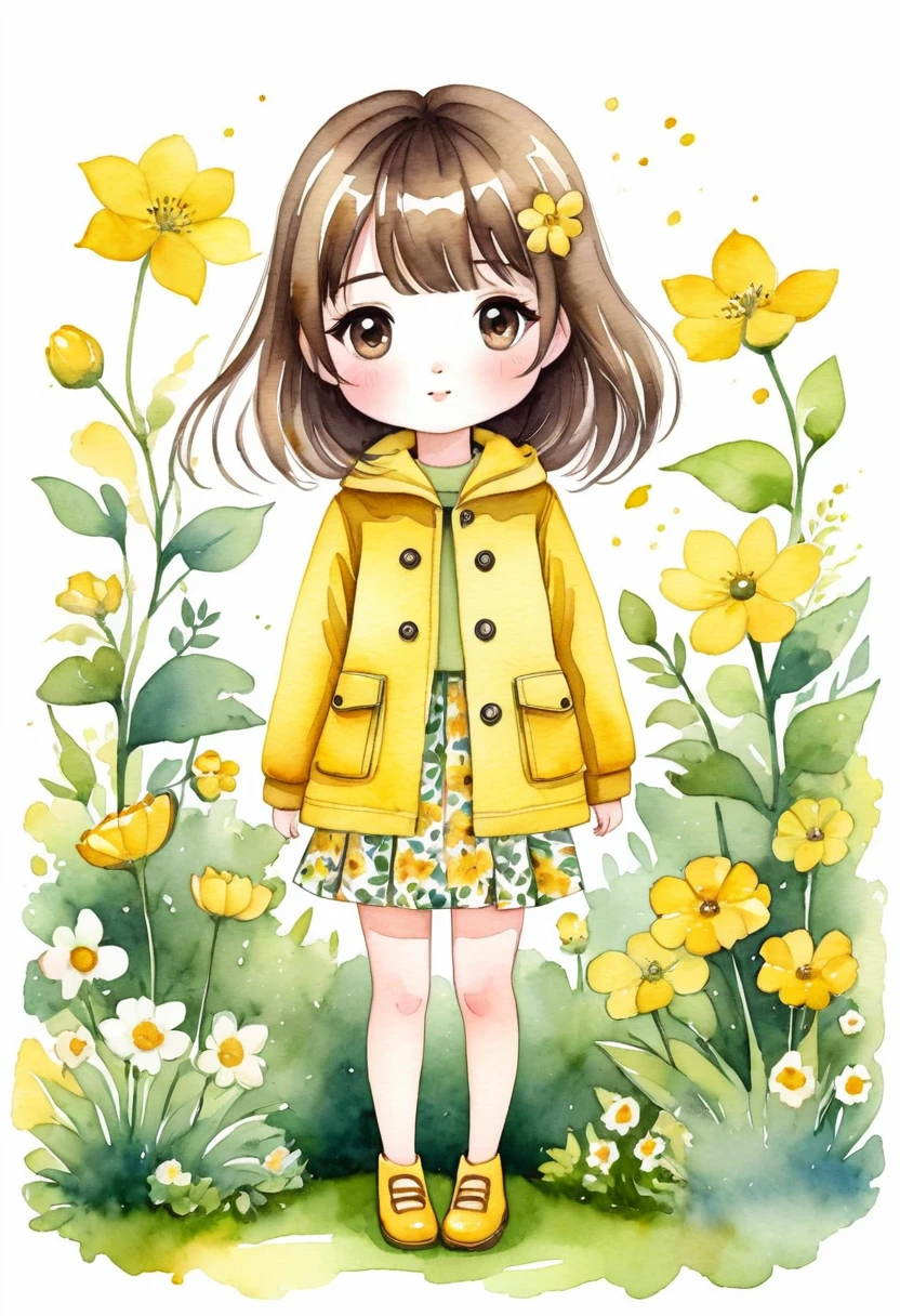 minimalist illustration,Adoral watercolor for in a garden. she has hair and wears a yellow coat and floral skirt,chibi,kawaii,Cute drawing