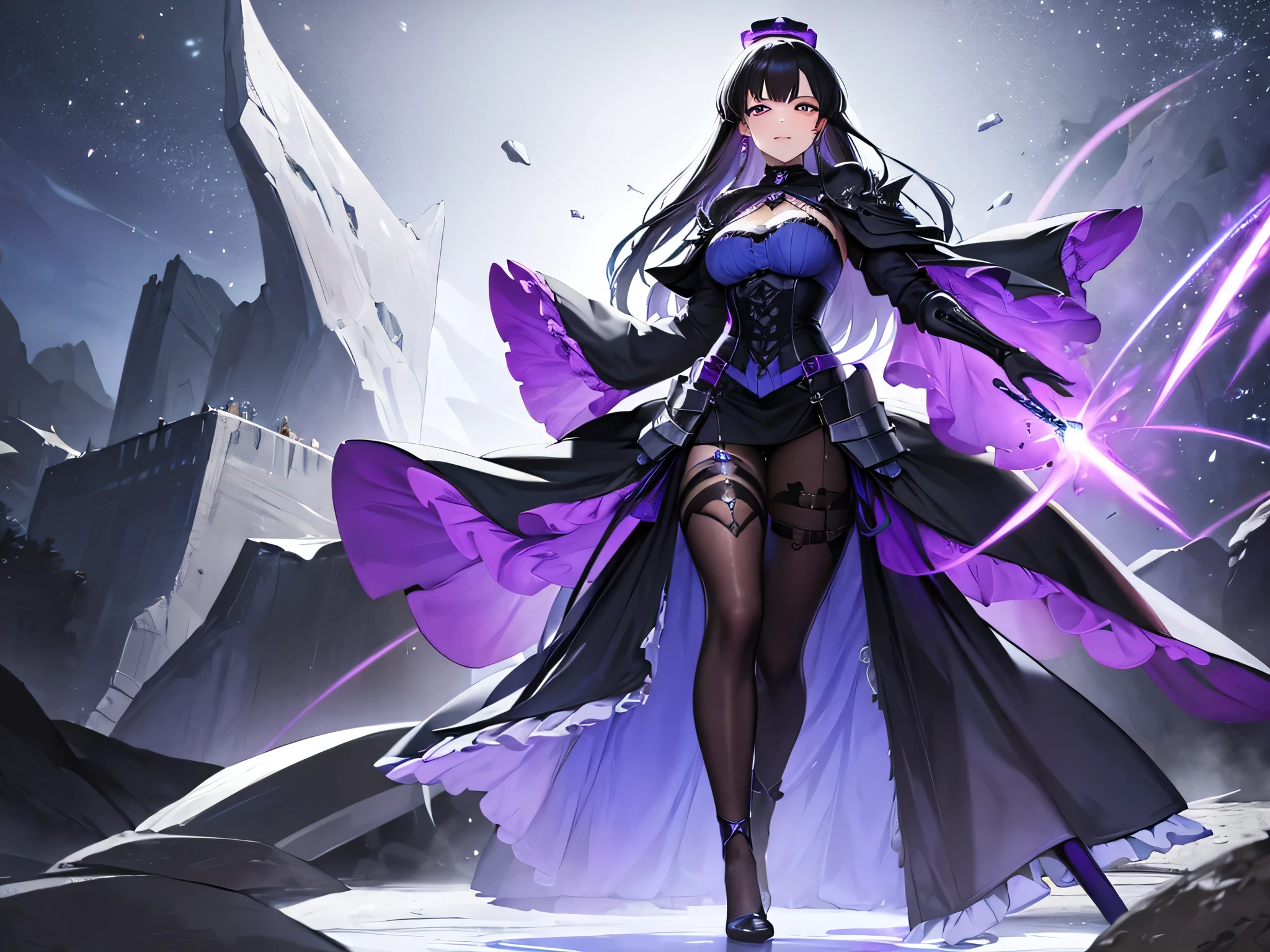 woman dress/blue adamantium female victorian armor, violet, black not so sensual. Laughing black hair honey eyes space moon full body.