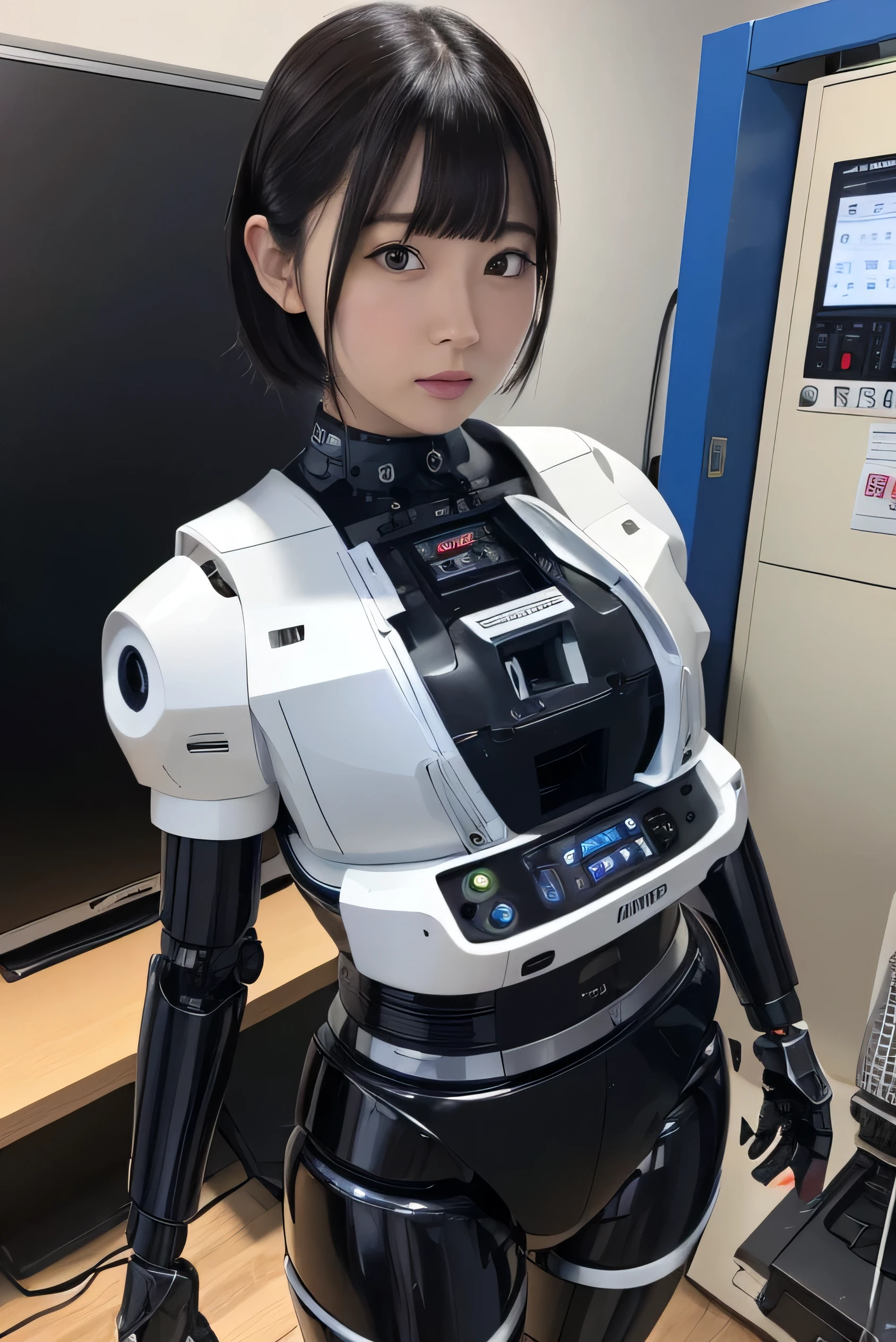 masterpiece, best quality, extremely detailed, Japaese android girl,portrait,Plump,a bit chubby,control panels,android,Droid,Mechanical Hand, Robot arms and legs, Black hair,Blunt bangs,perfect robot girl,long tube,thick cable connected her neck,android,robot,humanoid,cyborg,japanese cyborg girl ,robot-assembly plant,She is assembling now,assembly scene,camera eyes,chest monitor