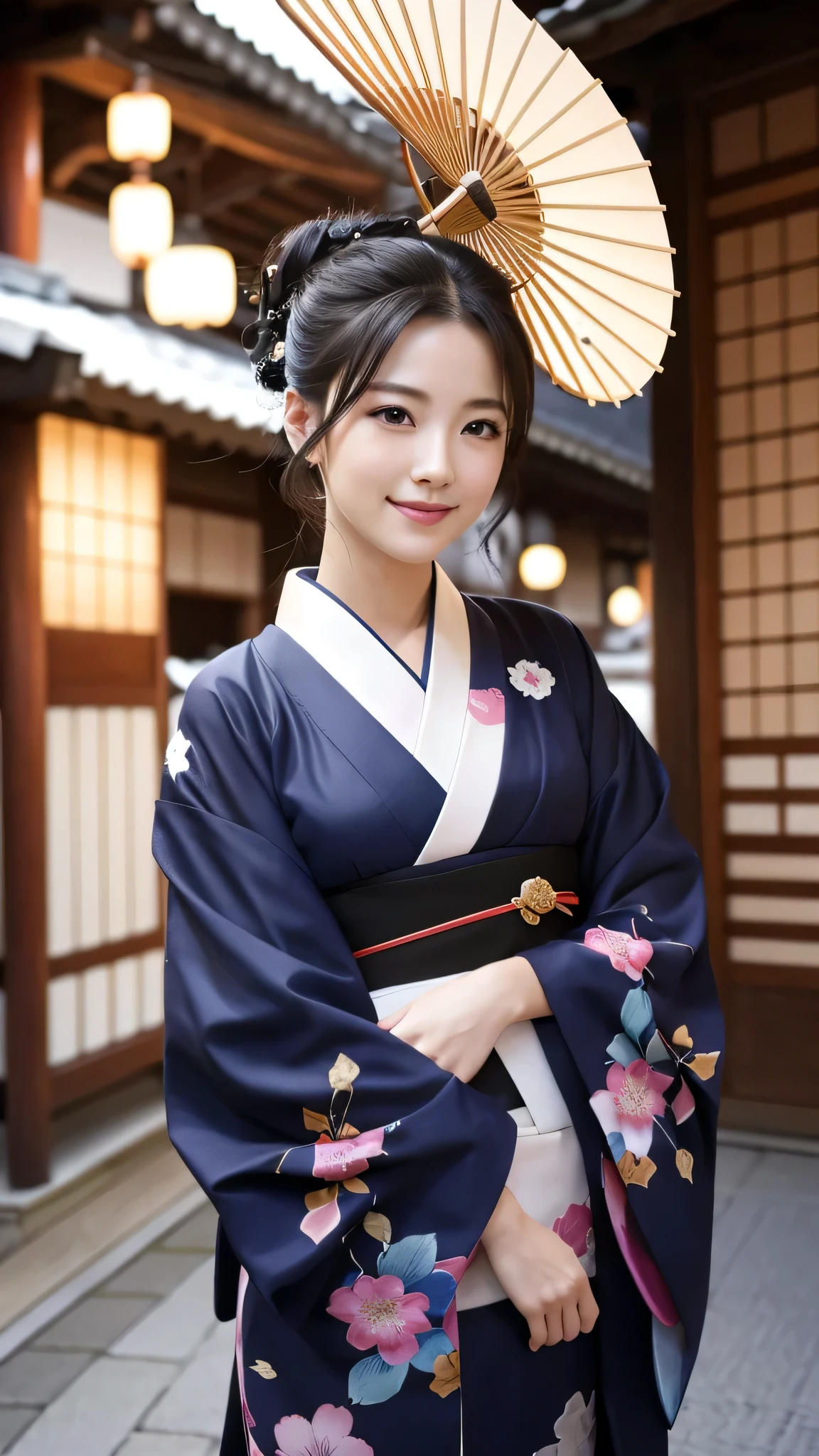 (Super beautiful woman in kimono)、((highest quality、8K masterpiece:1.3))、sharp focus:1.2、(super beautiful face:1.0)、(shiny skin:1.0)、realistic pictures、black hair、video lighting、High resolution eyes and face、video lighting、japanese actress、from the front、with a happy smile、whole body、wearing a kimono、in Kyoto、(luxury obi)、with a fan、Fireworks Display