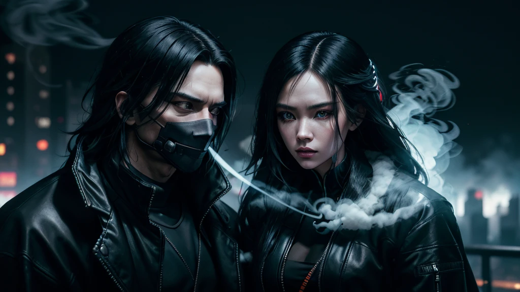 long shot, cyberpunk man with a assins ying and yang mask wearing black clothes and long coat, bountiful lady in white next to him in the city, high detail, wide shot, 4K, 3D, REALISTIC, (iridescent glow smoke), UHD, 32K, very bold neon colors, black light, neon light