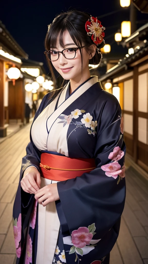 (Super beautiful woman in kimono)、((highest quality、8K masterpiece:1.3))、sharp focus:1.2、(super beautiful face:1.0)、(shiny skin:1.0)、realistic pictures、black hair、video lighting、High resolution eyes and face、video lighting、japanese actress、from the front、big breasts、with a happy smile、Slender abs beauty、whole body、wearing a kimono、in Kyoto、(((luxury obi)))、In Kyoto at night、wearing glasses with no edge、with a fan、Fireworks Display