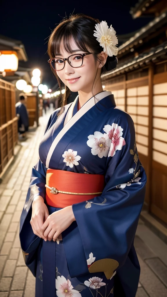 (Super beautiful woman in kimono)、((highest quality、8K masterpiece:1.3))、sharp focus:1.2、(super beautiful face:1.0)、(shiny skin:1.0)、realistic pictures、black hair、video lighting、High resolution eyes and face、video lighting、japanese actress、from the front、big breasts、with a happy smile、Slender abs beauty、whole body、wearing a kimono、in Kyoto、(((luxury obi)))、In Kyoto at night、wearing glasses with no edge、with a fan、Fireworks Display
