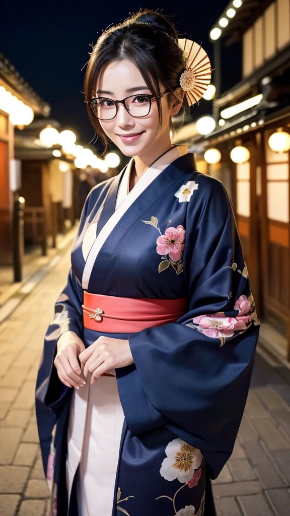 (Super beautiful woman in kimono)、((highest quality、8K masterpiece:1.3))、sharp focus:1.2、(super beautiful face:1.0)、(shiny skin:1.0)、realistic pictures、black hair、video lighting、High resolution eyes and face、video lighting、japanese actress、from the front、big breasts、with a happy smile、Slender abs beauty、whole body、wearing a kimono、in Kyoto、(((luxury obi)))、In Kyoto at night、wearing glasses with no edge、with a fan、Fireworks Display