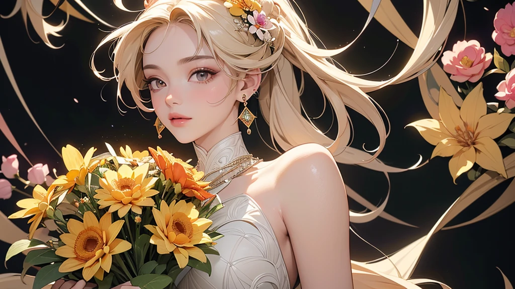 32K, 最高quality, 最高masterpiece, (ultra-Detailed Background, Detailed Background), Absurd, High resolution, Super detailed, Very detailedな, One girl, (bouquet:1.3), (Tangled:1.2), (Geometric:1.2),(colorful),(masterpiece, quality, best quality, Official Art, Beautiful and beautiful:1.2), (1 girl:1.3), Very detailed,(colorful:1.1)(Flowers:1.3),Most detailed,(Tangled:1.2), whole body, (Abstract background:1.3), (Skin glows), (Many colors:1.4), ,(Earrings Jewelry:1.5), Pale yellow background,