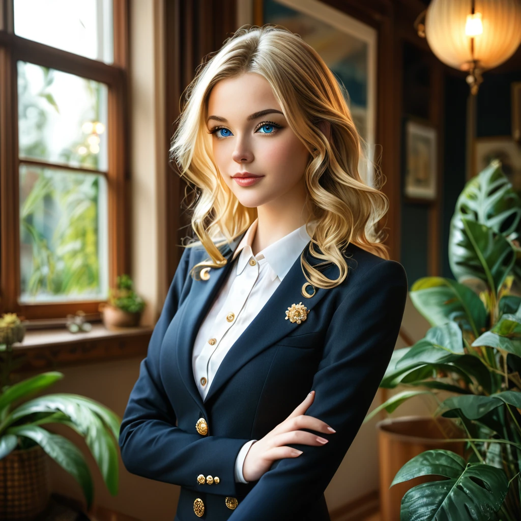 A young woman with fair skin, long wavy blonde hair, and blue eyes stands confidently in an indoor setting. She is wearing a black, tailored blazer with strong shoulders and two rows of ornate gold buttons on the left side. There is a hint of a form-fitting black dress or skirt under the blazer. Her expression is neutral and calm. The background is softly focused, with warm ambient light and vertical lines, suggesting a shuttered window on the left side, and a sprinkling of greenery suggesting the presence of an indoor plant. realistic detail, sharp focus, shot with an 85mm Leica lens, f4.6, ultra-realistic concept photography.