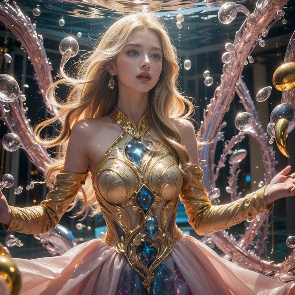 Dress in gold tuxdeo. His dark hair. He holds her above the water. Her long blonde hair shimmers and swirls. Her Blue eyes open. She wears a pink mix blue, gold, white pisatin dress.