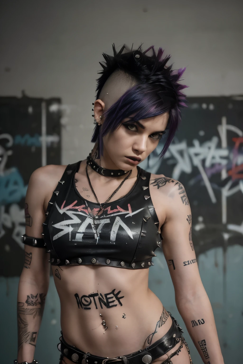 Photorealistic, ultra-detailed, (8k, highest quality, ultra details, Punk rock singer, music, performance, ((hot Rocker punk girl, spiky Black mohawk hair)) girl, hot Body, Nice Butt, abs, tattoo, t-shirt nipples, portrait photo, Solo, Brazilian Girl dimly lit room, edgy urban scene with graffiti, dark and moody, late evening, city lights flashing, neon lighting The essence of rock and roll, (((spike hair))), 18 years old, assertive, confident expression, showcasing multiple piercings, blurry background, analogue style, grunge texture, Best contrast, industrial, Instagram LUT, Professional, 4k, electrifying gaze, shot on Nikon, 50mm, shallow depth of field, ((Abandoned Graffiti Wall Background, cinematic lighting )).