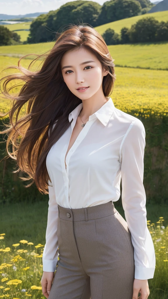 highest quality、genuine、Super detailed、finely、High resolution、8k wallpaper、one beautiful woman、、、light brown disheveled hair、wearing a business suit、sharp focus、perfect dynamic composition、beautiful and detailed eyes、thin hair、Detailed genuine skin texture、smile、model body shape、In a windswept meadow