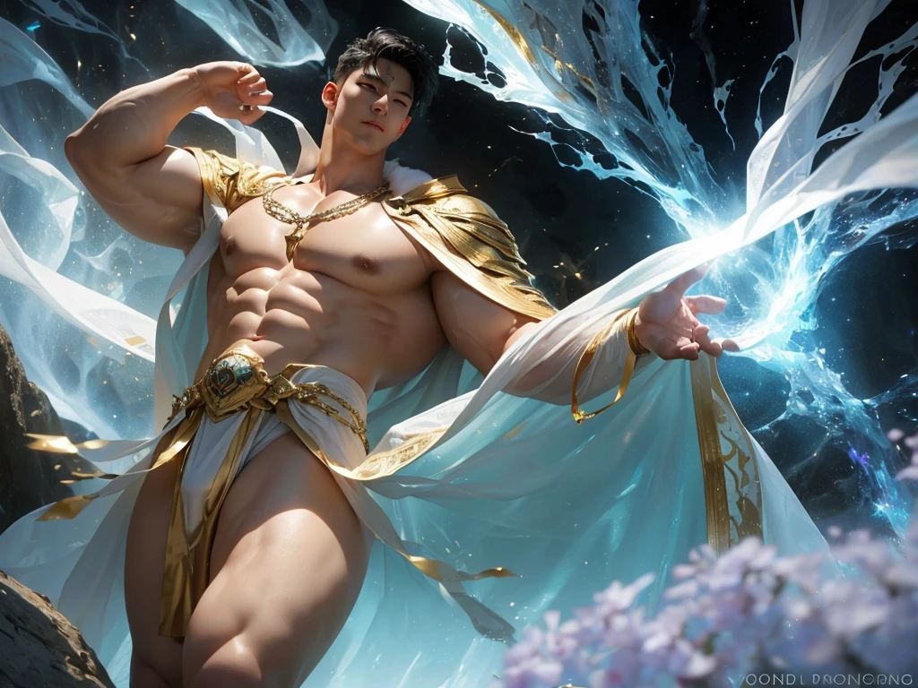 A muscular Korean is in wonderland, 20 years, It wears a rich white as snow (fur layer on shoulders and back) with a very long pile, under which you can see his extremely muscular body, The emphasis is on the male body.. Above his head is a halo surrounded by a white cloud and a golden sacred light., (His body is adorned with gold chains with precious stones., finger rings), (A heavy belt with a gold underwear band with shiny gemstones.). Voluptuous crotch. He has short black hair with shaved temples and big expressive green eyes.. A clock ticks in the distance. This scene seems something outside the realm of fantasy or legend seen from above..