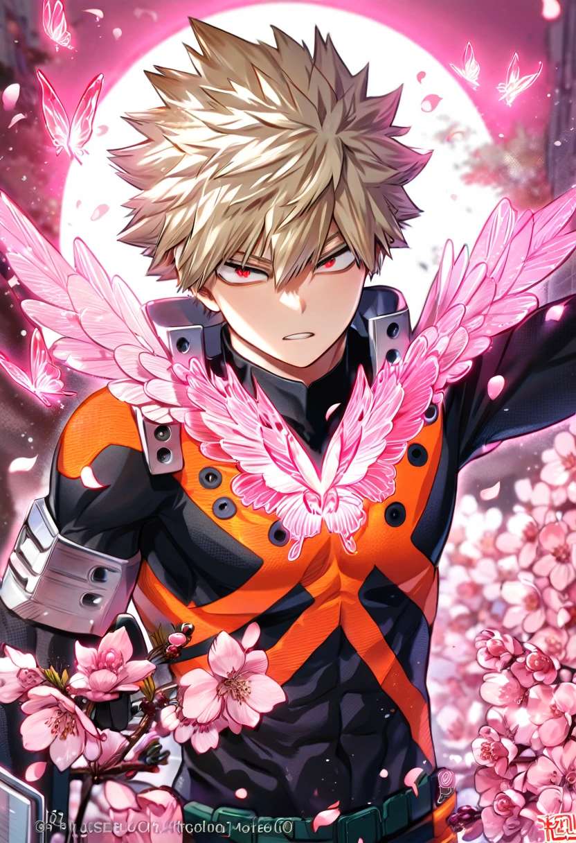 absurdres, highres, ultra detailed, HDR, master piece, best quality, extremely detailed, Bakugo Katsuki, ash-blonde hair, expressive red eyes, Boku No Hero Academia, solo, sexy man, handsome, black hero clothes, magical, sparkling, pink glittering fireflies, pink ice, pink ice butterflies, pink ice petals, pink ice cherry blossoms, pink crystal, pink flowers, pink moon