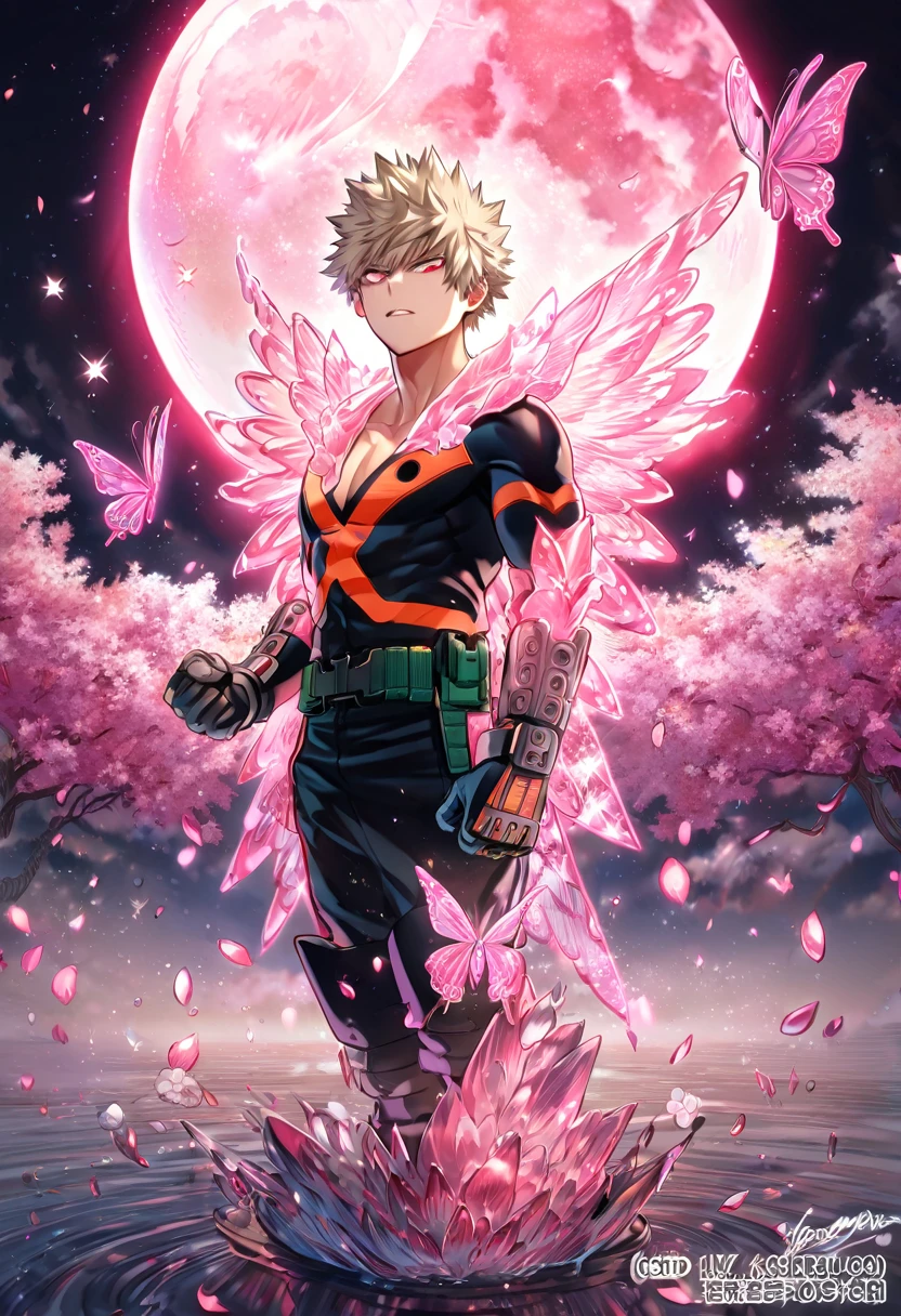 absurdres, highres, ultra detailed, HDR, master piece, best quality, extremely detailed, Bakugo Katsuki, ash-blonde hair, expressive red eyes, Boku No Hero Academia, solo, sexy man, handsome, black hero clothes, magical, sparkling, pink glittering fireflies, pink ice, pink ice butterflies, pink ice petals, pink ice cherry blossoms, pink crystal, pink flowers, pink moon