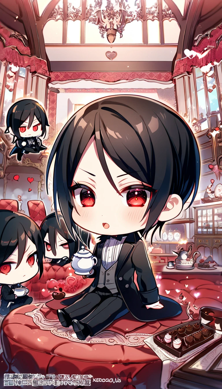 Ultra detailed, HDR, Highres, absurdres, master piece, Sebastian Michaelis, chibi, black hair, expressive red eyes, black clothes, black pants, Kuroshitsuji, fantasy, magical, holding a tea pot, room, chocolate, hearts, best quality, cute, Black Butler, black shoes, sitting