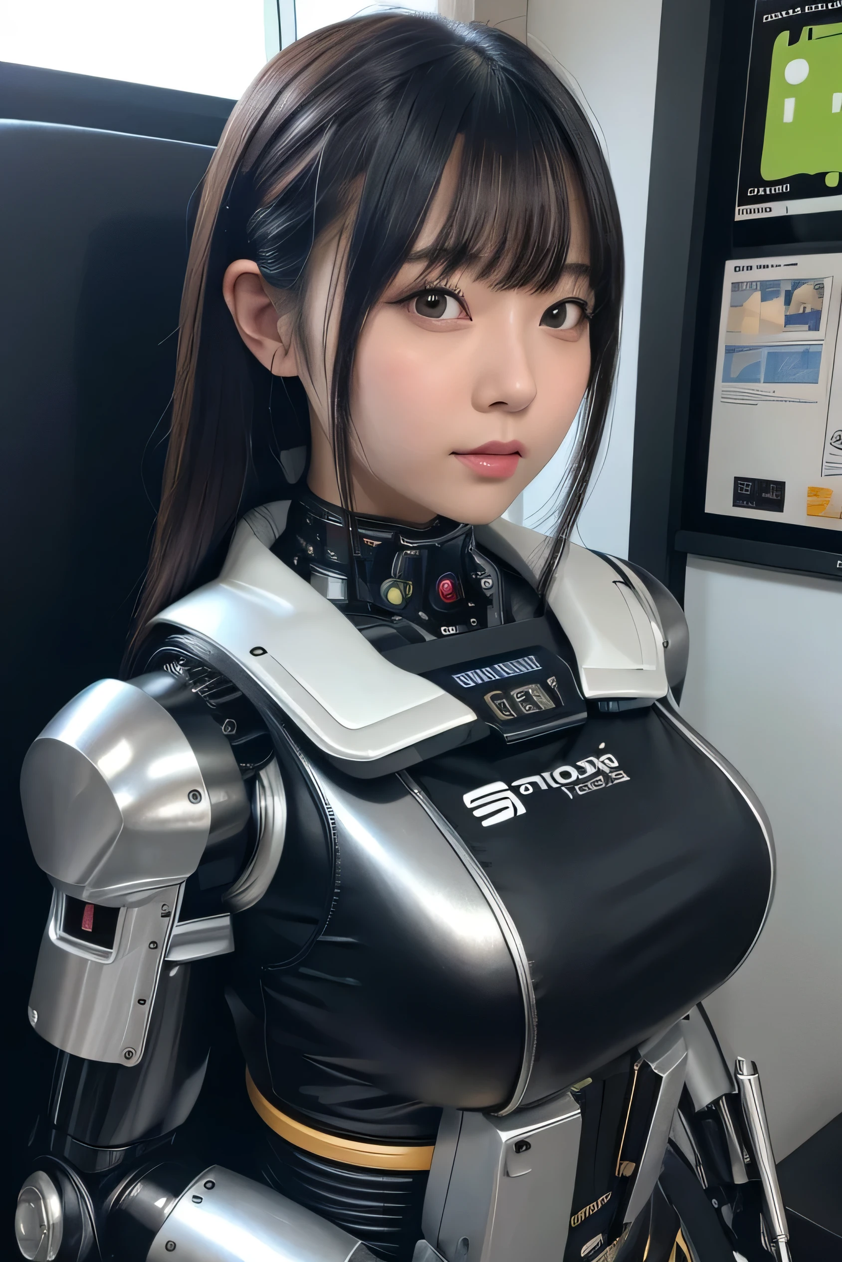 masterpiece, best quality, extremely detailed, Japaese android girl,portrait,Plump,a bit chubby,control panels,android,Droid,Mechanical Hand, Robot arms and legs, Black hair,Blunt bangs,perfect robot girl,long tube,thick cable connected her neck,android,robot,humanoid,cyborg,japanese cyborg girl ,robot-assembly plant,She is assembling now,assembly scene,camera eyes,chest monitor