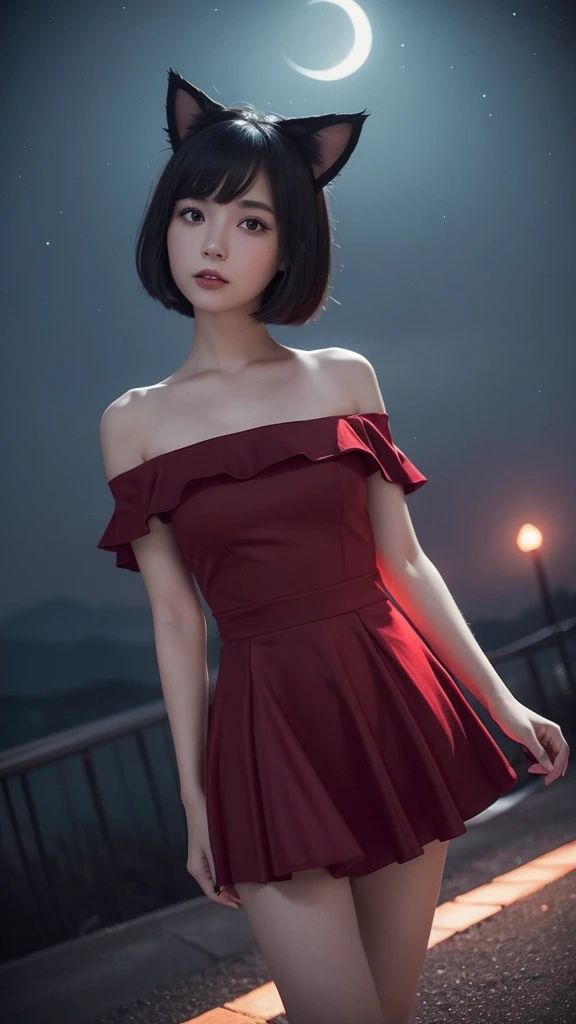Delicate and dainty young woman with shiny bob-cut black hair and cat ears. She is wearing an off-the-shoulder red only  mini-skirt dress. The background is a fantastic and ethereal night sky that seems to be haunted by a specter. Her expression is stern and atmospheric. Angle from directly below.
