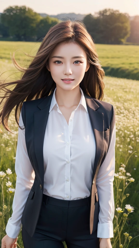 highest quality、genuine、Super detailed、finely、High resolution、8k wallpaper、one beautiful woman、、、light brown disheveled hair、wearing a business suit、sharp focus、perfect dynamic composition、beautiful and detailed eyes、thin hair、Detailed genuine skin texture、smile、model body shape、In a windswept meadow