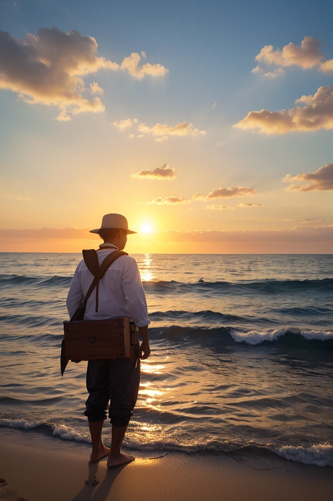 The boatman is pictured.、The morning sun is visible ahead、Looking at the sea from a boat、A treasure chest is visible at your feet.、The waves are a little high