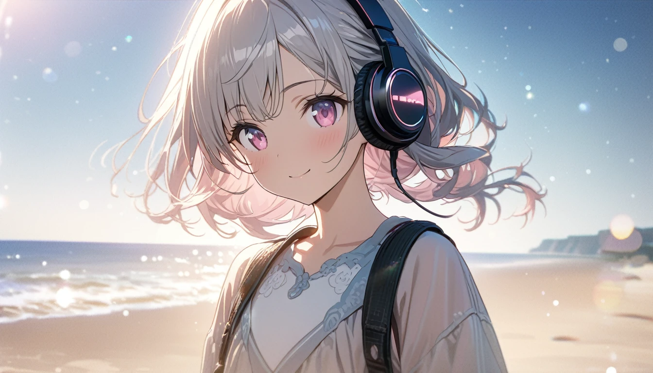 one girl, silver short hair and bob hair、I tied my hair in a bun with a hair clip..、beautiful pink eyes、smile、gentle smile on her face、flat chest, one Beautiful girl,((masterpiece, illustration, best quality) ((ultra-detailed))\、by the beach sea shore walking around the beach with her headphones on, , 濃い青とBeautiful Blueのグラデーション, High resolution, 8K HD detail, hyper-detail, cinematic, surrealism, soft light, deep field focus bokeh, ray tracing and surrealism. --v6