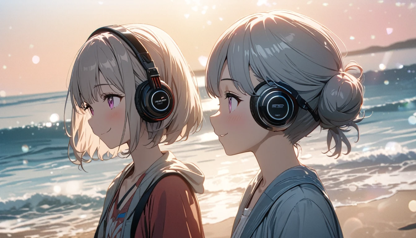 one girl, silver short hair and bob hair、I tied my hair in a bun with a hair clip..、beautiful pink eyes、smile、gentle smile on her face、flat chest, one Beautiful girl,((masterpiece, illustration, best quality) ((ultra-detailed))\、by the beach sea shore walking around the beach with her headphones on, , 濃い青とBeautiful Blueのグラデーション, High resolution, 8K HD detail, hyper-detail, cinematic, surrealism, soft light, deep field focus bokeh, ray tracing and surrealism. --v6