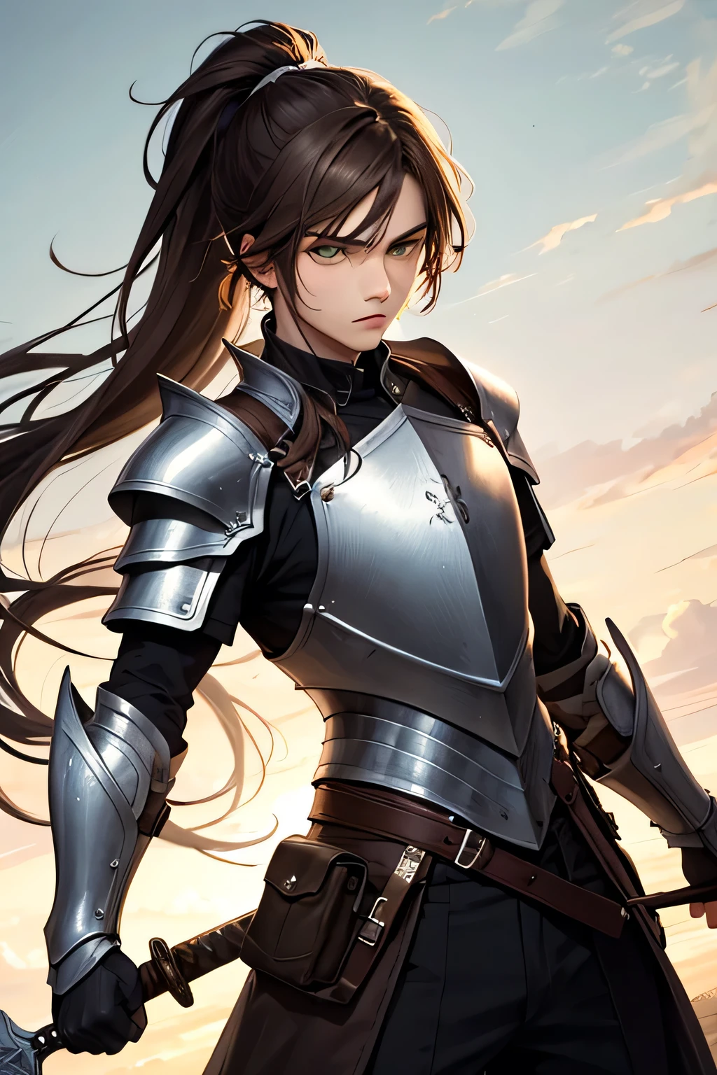 A boy, Brown hair, green eyes, clear skin, parts, Long hair, curly hair, effeminate face. serious, emotionless. combat pose. Ponytail hairstyle. sword. armor. War scenario.
