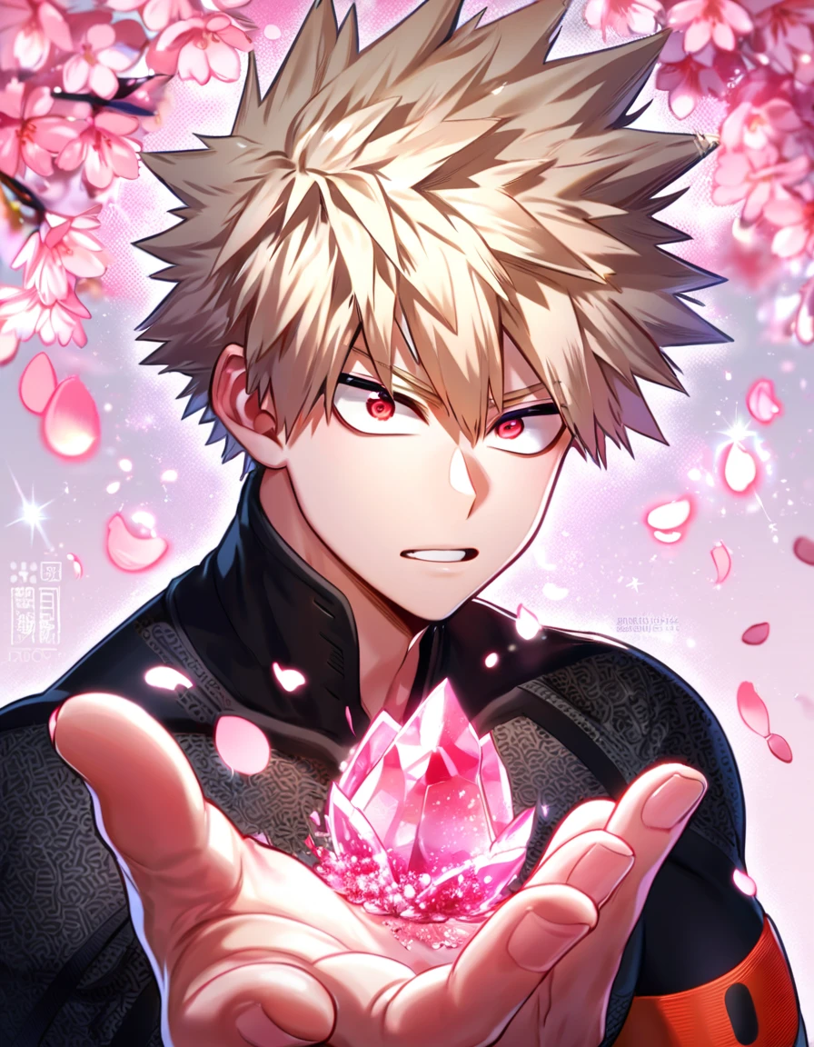 absurdres, highres, ultra detailed, HDR, master piece, best quality, extremely detailed, Bakugo Katsuki, ash-blonde hair, expressive red eyes, Boku No Hero Academia, solo, sexy man, handsome, black hero clothes, magical, sparkling, pink glittering fireflies, pink ice, pink ice butterflies, pink ice petals, pink ice cherry blossoms, pink crystal, pink flowers, pink moon