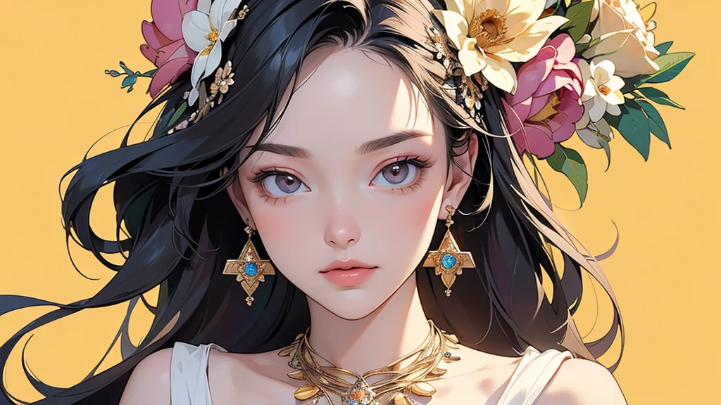 32K, 最高quality, 最高masterpiece, (ultra-Detailed Background, Detailed Background), Absurd, High resolution, Super detailed, Very detailedな, One girl, (bouquet:1.3), (Tangled:1.2), (Geometric:1.2),(colorful),(masterpiece, quality, best quality, Official Art, Beautiful and beautiful:1.2), (1 girl:1.3), Very detailed,(colorful:1.1)(Flowers:1.3),Most detailed,(Tangled:1.2), whole body, (Abstract background:1.3), (Skin glows), (Many colors:1.4), ,(Earrings Jewelry:1.5), Pale yellow background,