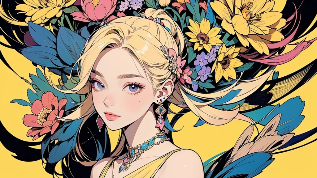 32K, 最高quality, 最高masterpiece, (ultra-Detailed Background, Detailed Background), Absurd, High resolution, Super detailed, Very detailedな, One girl, (bouquet:1.3), (Tangled:1.2), (Geometric:1.2),(colorful),(masterpiece, quality, best quality, Official Art, Beautiful and beautiful:1.2), (1 girl:1.3), Very detailed,(colorful:1.1)(Flowers:1.3),Most detailed,(Tangled:1.2), whole body, (Abstract background:1.3), (Skin glows), (Many colors:1.4), ,(Earrings Jewelry:1.5), Pale yellow background,
