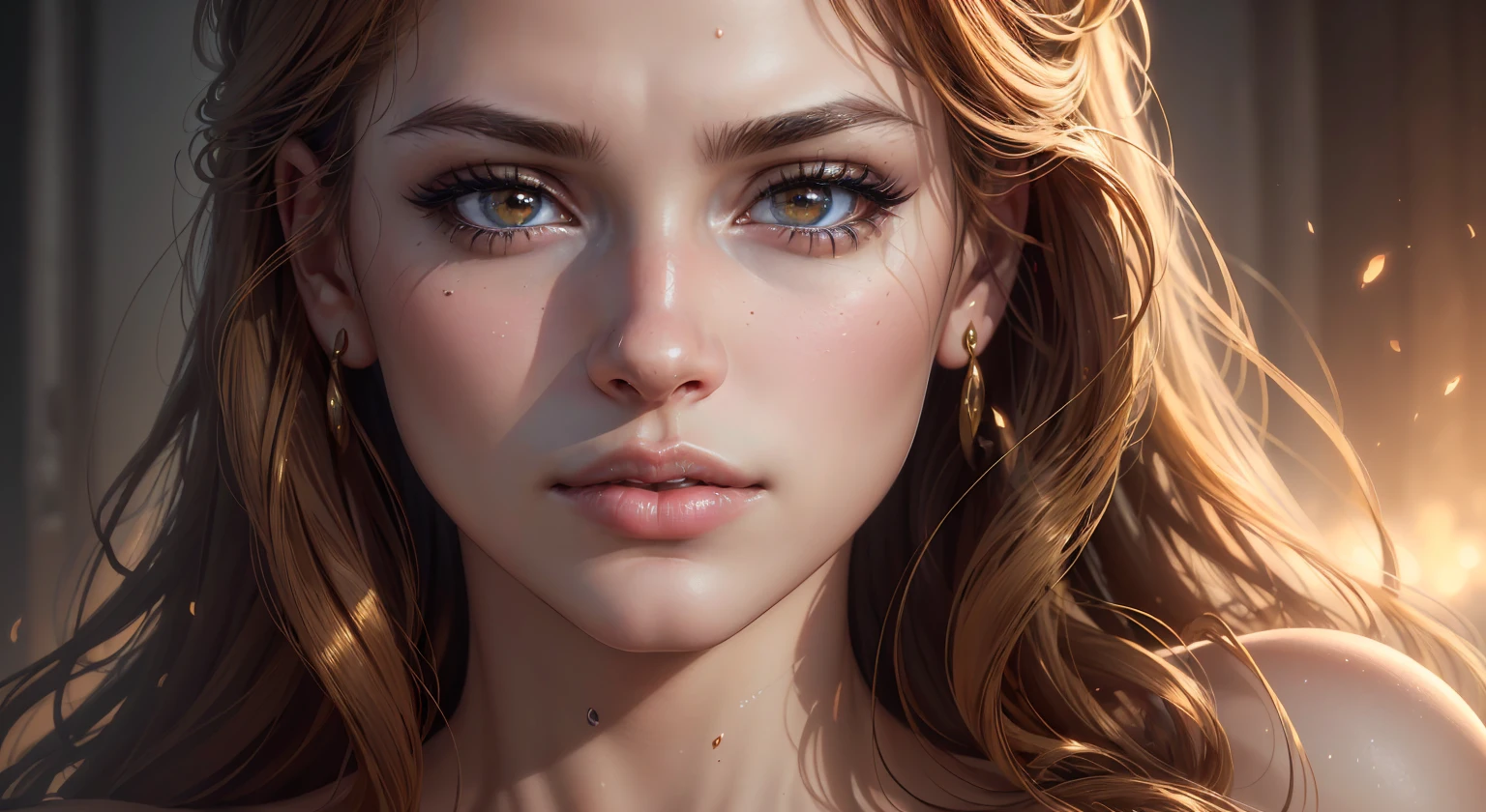 (best quality,4k,8k,highres,masterpiece:1.2),ultra-detailed,(realistic,photorealistic,photo-realistic:1.37),hyper realistic  golden lips, detailed facial features, intense gaze, flawless skin, dramatic lighting, dark background