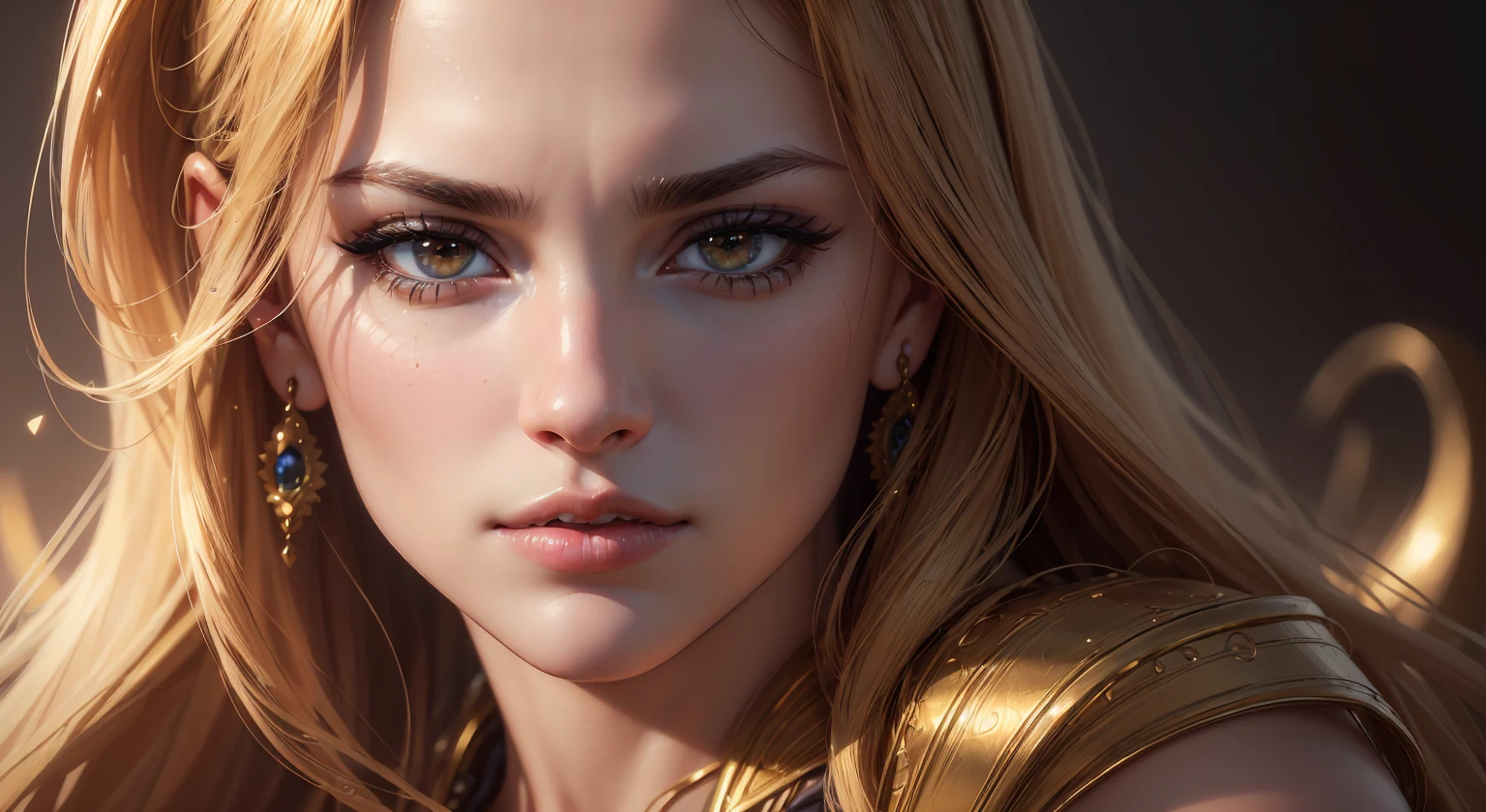 (best quality,4k,8k,highres,masterpiece:1.2),ultra-detailed,(realistic,photorealistic,photo-realistic:1.37),hyper realistic golden lips, detailed facial features, intense gaze, flawless skin, dramatic lighting, dark background