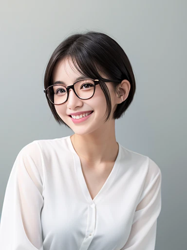 20-year-old women、Japanese、Beauty、Natural smile、White blouse、White Background、Beautiful breasts、Natural Whitening, short hair、Black Hair、Black-rimmed glasses、