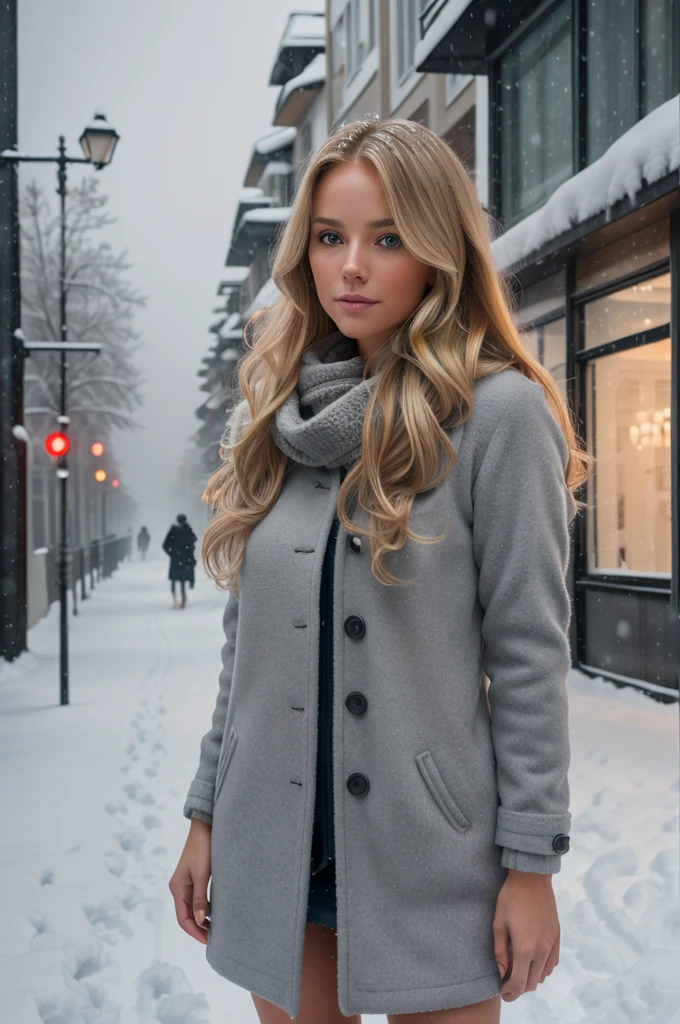 professional portrait photograph of a gorgeous Norwegian girl with long wavy blonde hair, sultry flirty look, gorgeous symmetrical face, cute natural without clothes ,makeup, wearing elegant warm winter fashion clothing, ((standing outside in snowy city street)), stunning modern urban environment, ultra realistic, concept art, elegant, highly detailed, intricate, sharp focus, depth of field, f/1. 8, 85mm, medium shot, mid shot, (((professionally color graded))), bright soft diffused light, (volumetric fog), trending on instagram, hdr 4k, 8k